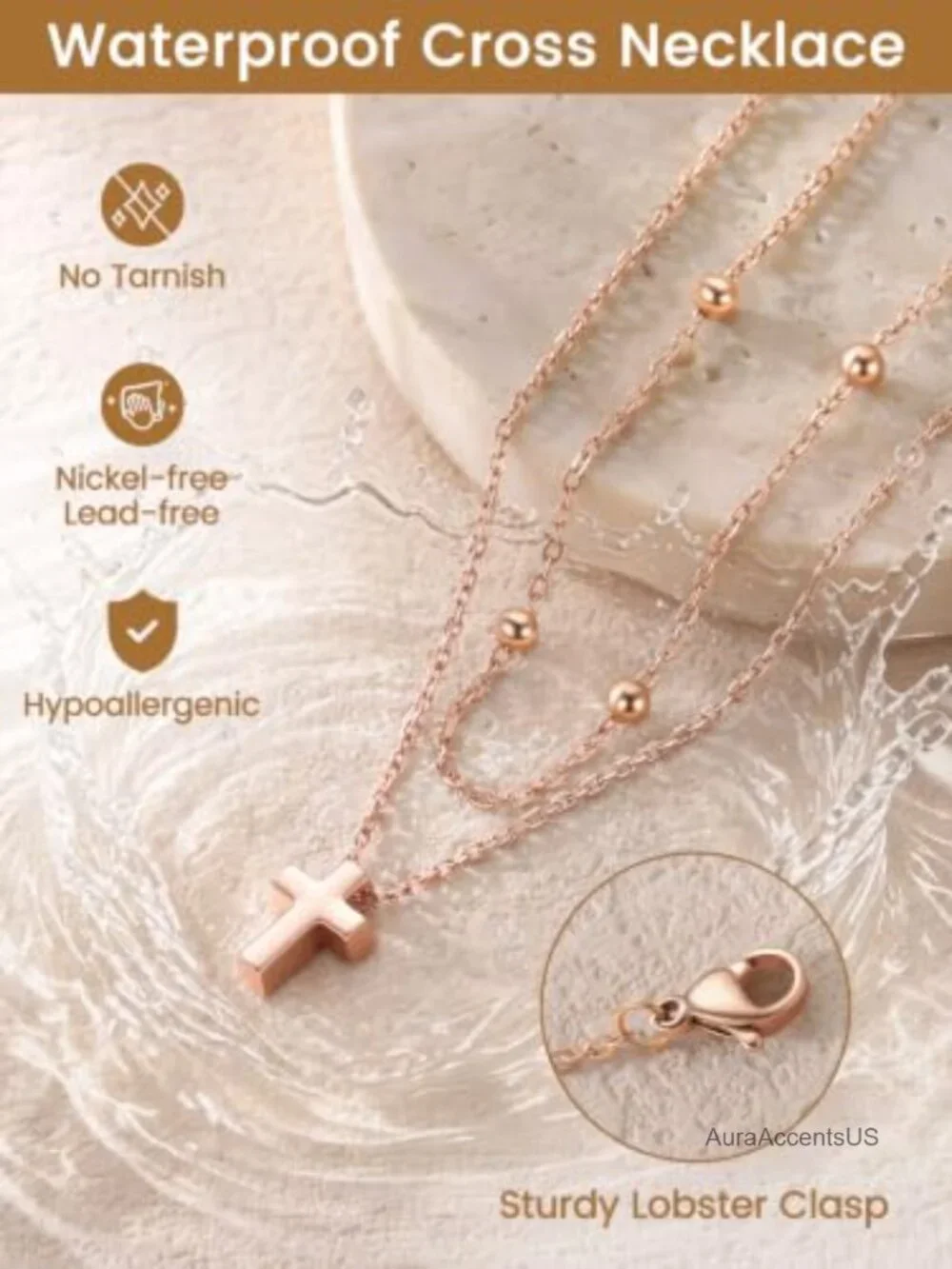 Double Layered Gold Cross Pendant Necklace Stainless Steel Hypoallergenic